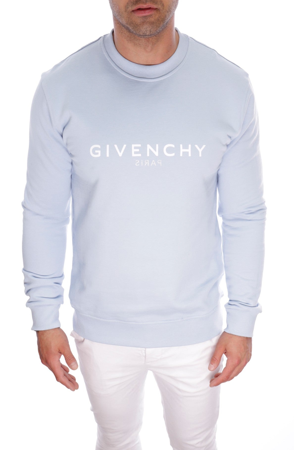 GIVENCHY PARIS REVERSE LOGO CREWNECK SWEATSHIRT LIGHT BLUE