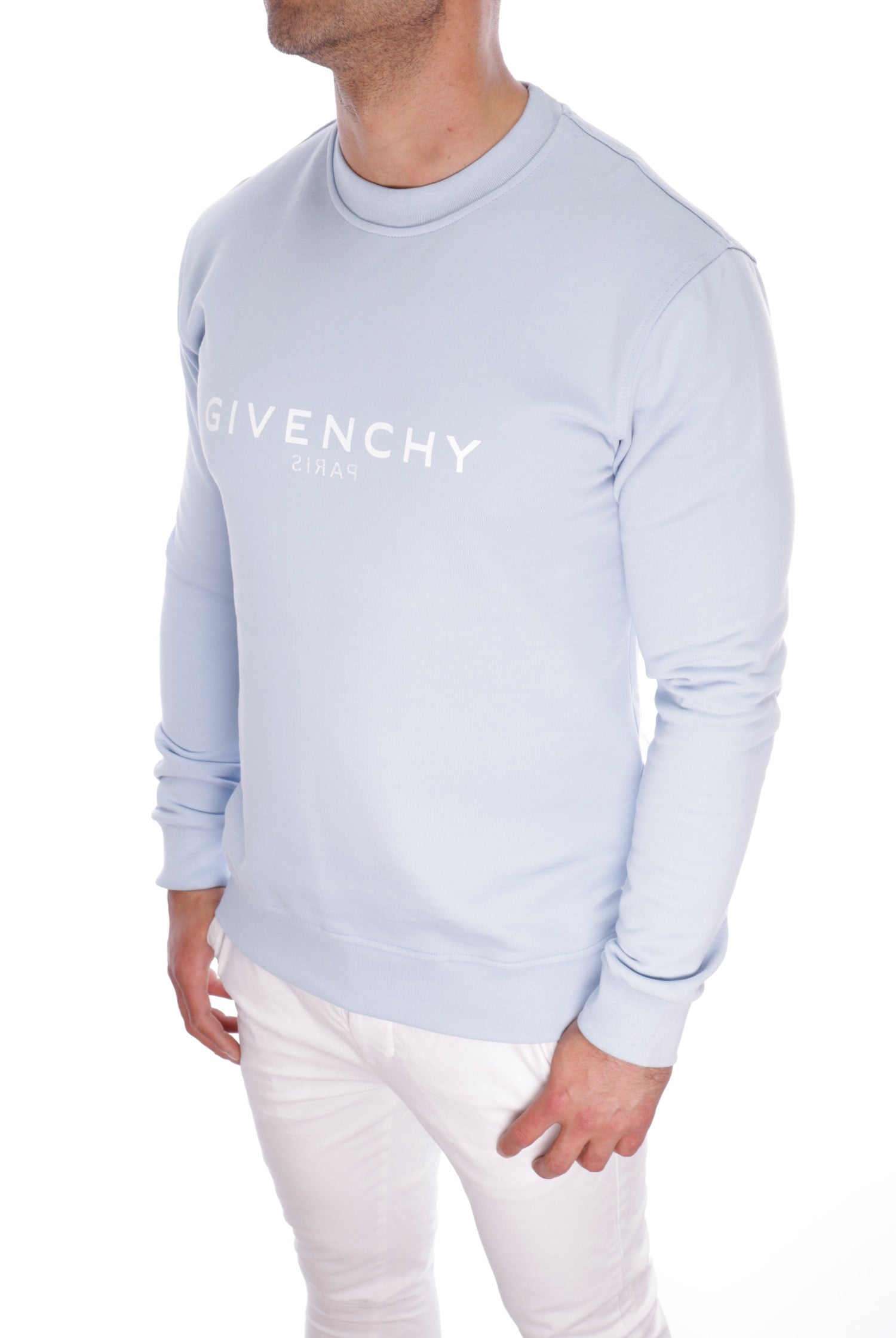 GIVENCHY PARIS REVERSE LOGO CREWNECK SWEATSHIRT LIGHT BLUE