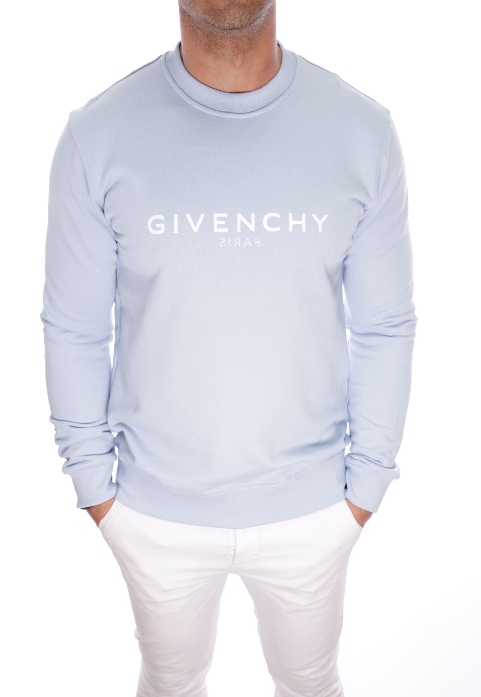 GIVENCHY PARIS REVERSE LOGO CREWNECK SWEATSHIRT LIGHT BLUE